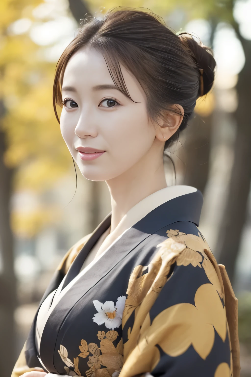 1woman, solo, close up, slender,((kimono and obi)), soft smiling, (best quality,8k,highres,masterpiece:1.3), ultra-detailed, (realistic,photorealistic,photo-realistic:1.37), portrait, cinematic, warm lighting, medium format, golden hour, dramatic shadows, vibrant colors,((hair up)),