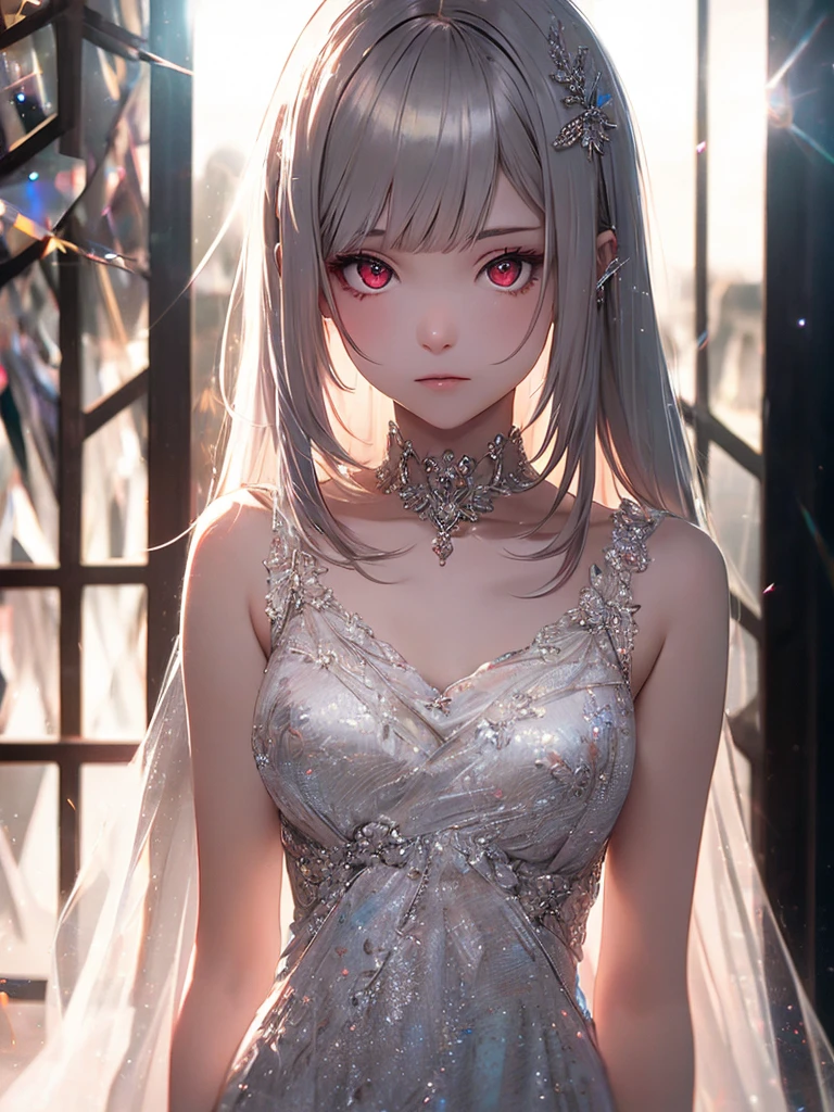 (​master piece),(top-quality:1.2),(perfect anatomy),1 girl,beautiful detailed red eyes,(chromatic aberration:1.3),lens flare,blunt bangs,silver long hair,pale skin,white dress,in house of mirrors,film lighting,dynamic composite,delicate texture