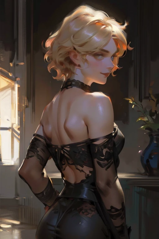 (back view),(cute ass),((ultra realistic illustration:1.3)), Athletic blonde woman, (short hair), tomboy, cute, ((smile)), Smoky eye, mascara, choker, black sheer lace camisole. (aroused:1,1), gazing into the viewer's eyes, with burning desire. Sexy, romantic. Masterpiece, (highly detailed:1.2),(detailed face and eyes:1.2), 8k wallpaper, Moody lighting. core shadows, high contrast, bokeh.