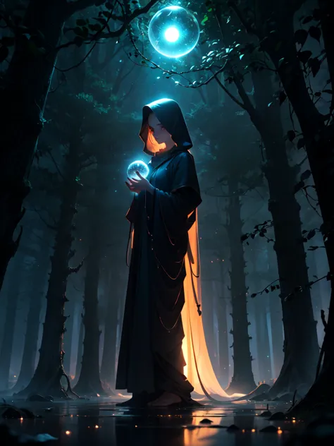 ((full body shot)) of a girl in a dark hooded cloak, standing in a completely dark environment. she is holding a glowing orb of ...