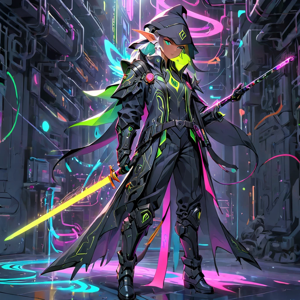 Geheimagent Zauberer Elf, mit einem eleganten Anzug mit Neon-Magie-Schaltungen, Kombinieren Sie Anzugdetails mit einem taktischen Outfit, Handschuhe, technologische Armeestiefel, feiner Stoff, Langschwert mit langem Griff mit neonmagischen Schnitzereien