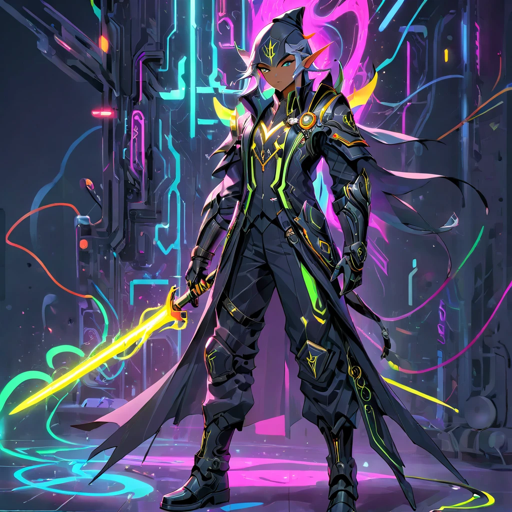 Geheimagent Zauberer Elf, mit einem eleganten Anzug mit Neon-Magie-Schaltungen, Kombinieren Sie Anzugdetails mit einem taktischen Outfit, Handschuhe, technologische Armeestiefel, feiner Stoff, Langschwert mit langem Griff mit neonmagischen Schnitzereien