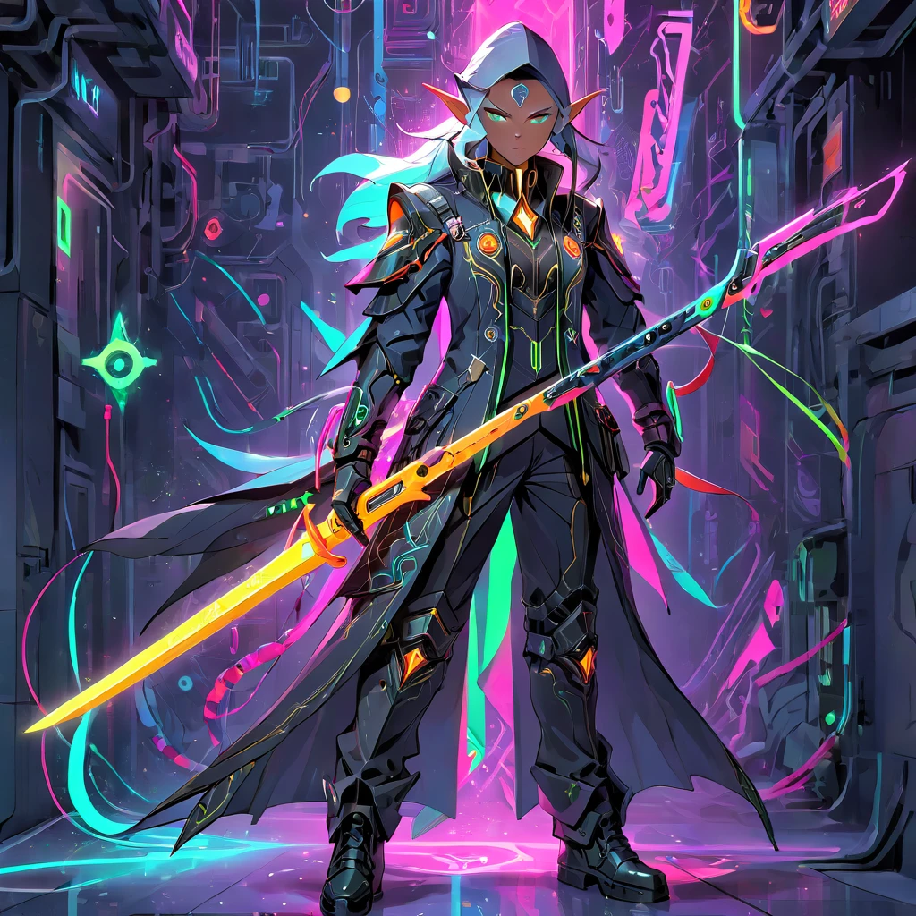 secret agent wizard elf, with an elegant suit with neon magic circuits, mixing suit details with a tactical outfit, gloves, technological army boots, fine fabric, long sword with a long handle with neon magic carvings