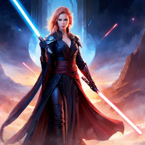 (1girl large breasts), bust upper body shot, Darth Zannah , black robes, star wars, standing, cleavage, cinematic lighting, epic...