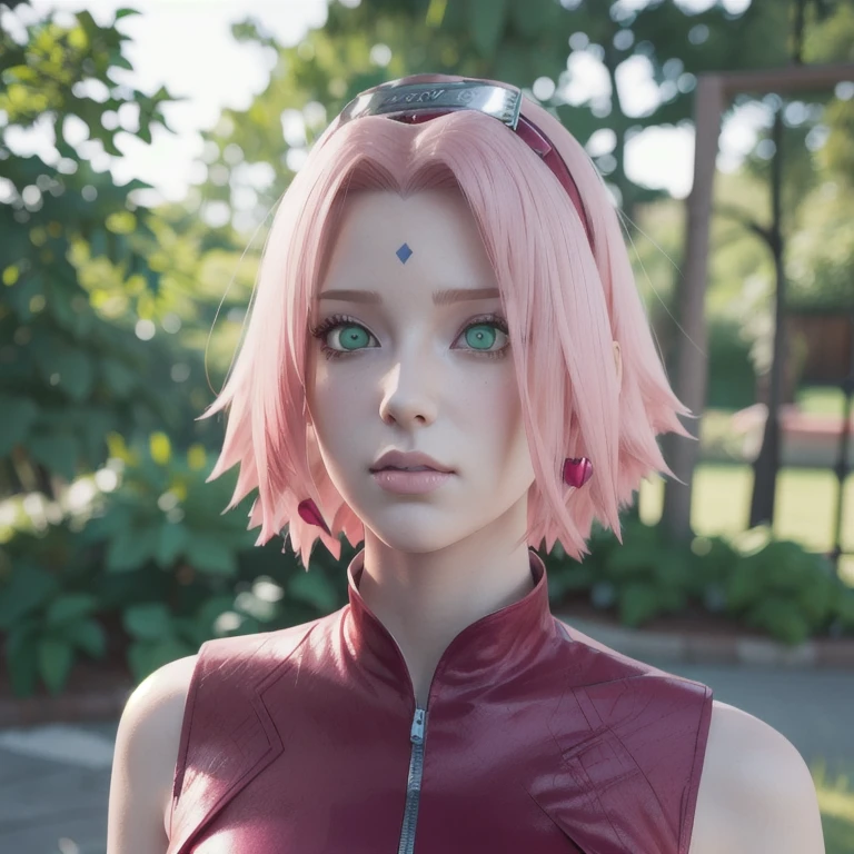 young woman, pale skin, short bubblegum pink hair, wide forehead, emerald green eyes, buttoned nose, peach lips, heart-shaped face, slender, red clothes, Sakura Haruno, 3d, realism, angelic face, maya in net
