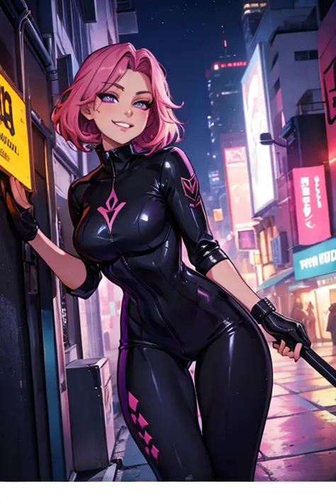 A pink haired female reaper with violet eyes with an hourglass figure in a soft pink spy jumpsuit is running through the streets...