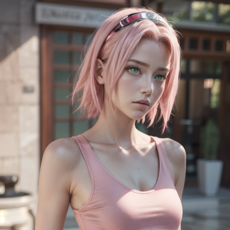 young woman, short shoulder-length pink hair, wide forehead, porcelain skin, pink eyebrows, big emerald green eyes, buttoned nose, full lips, heart-shaped face, slender body, small breasts, red tank top, Sakura Haruno , realistic, realism, details, 3d, well detailed
