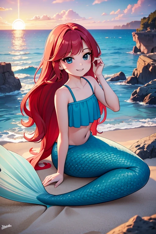 ruby, mermaid, 1 girl, Teenage, Long Red hair, Medium Hair, Blue eyes, bare shoulders, medium breast, aqua ruffle crop top, mermaid tail, scales on the mermaid’s tail, mermaid sitting on the beach, over the sea, beautiful purple sunset at beach, Sexy, masterpiece, High quality. 2D illustration, 2D flat, sit down, Masterpiece, 8K, HDR, portrait, seductive smile, mouth open