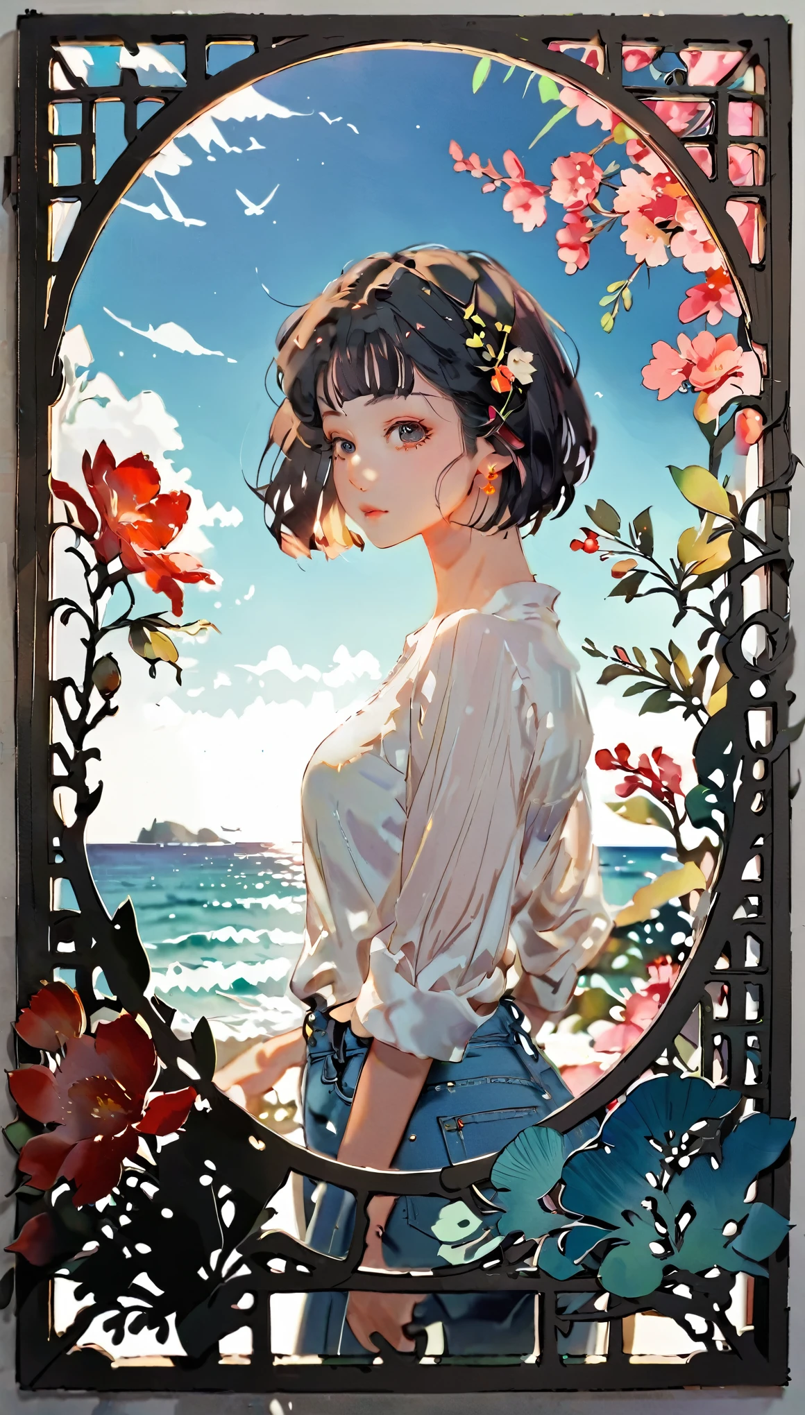 (((paper cutting style))), 1 girl, short black hair, straight hair, portfolio, shirts, denim, ocean and sky