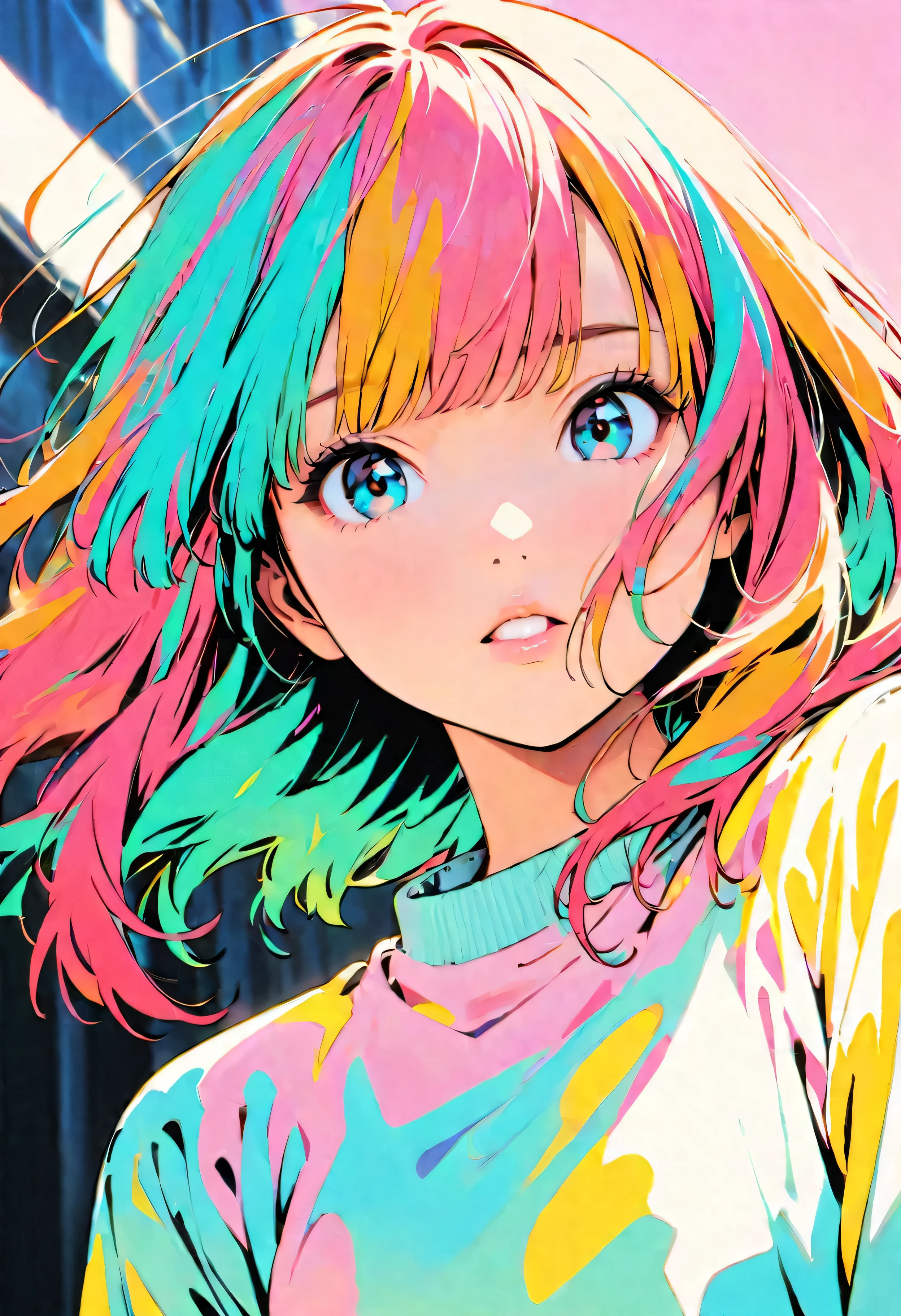 (highest quality:1.2, City Pop Style, Very detailed, Latest, Vibrant, High Contrast, masterpiece:1.2, highest quality, Best aesthetics), girl, ((Face Up Shot:1.4)), Colorful Hair, Bobcut, pastel colour, 1980s style, ((Retro, Vintage, Solid color background))