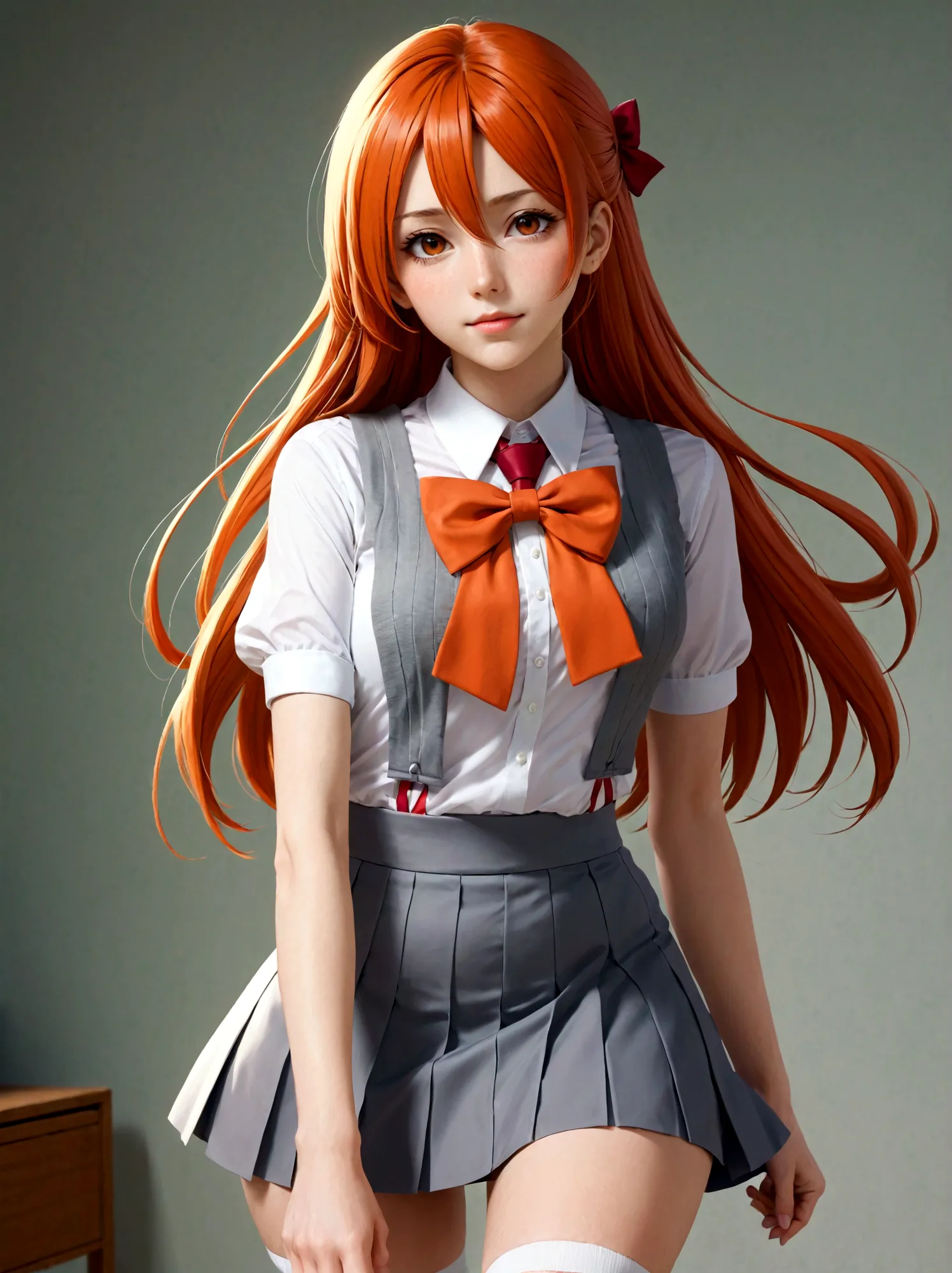 orihime,1girl,solo,long hair,skirt,large breasts,shirt,bow,school uniform,white socks,hairclip,white shirt,short sleeves,pleated...