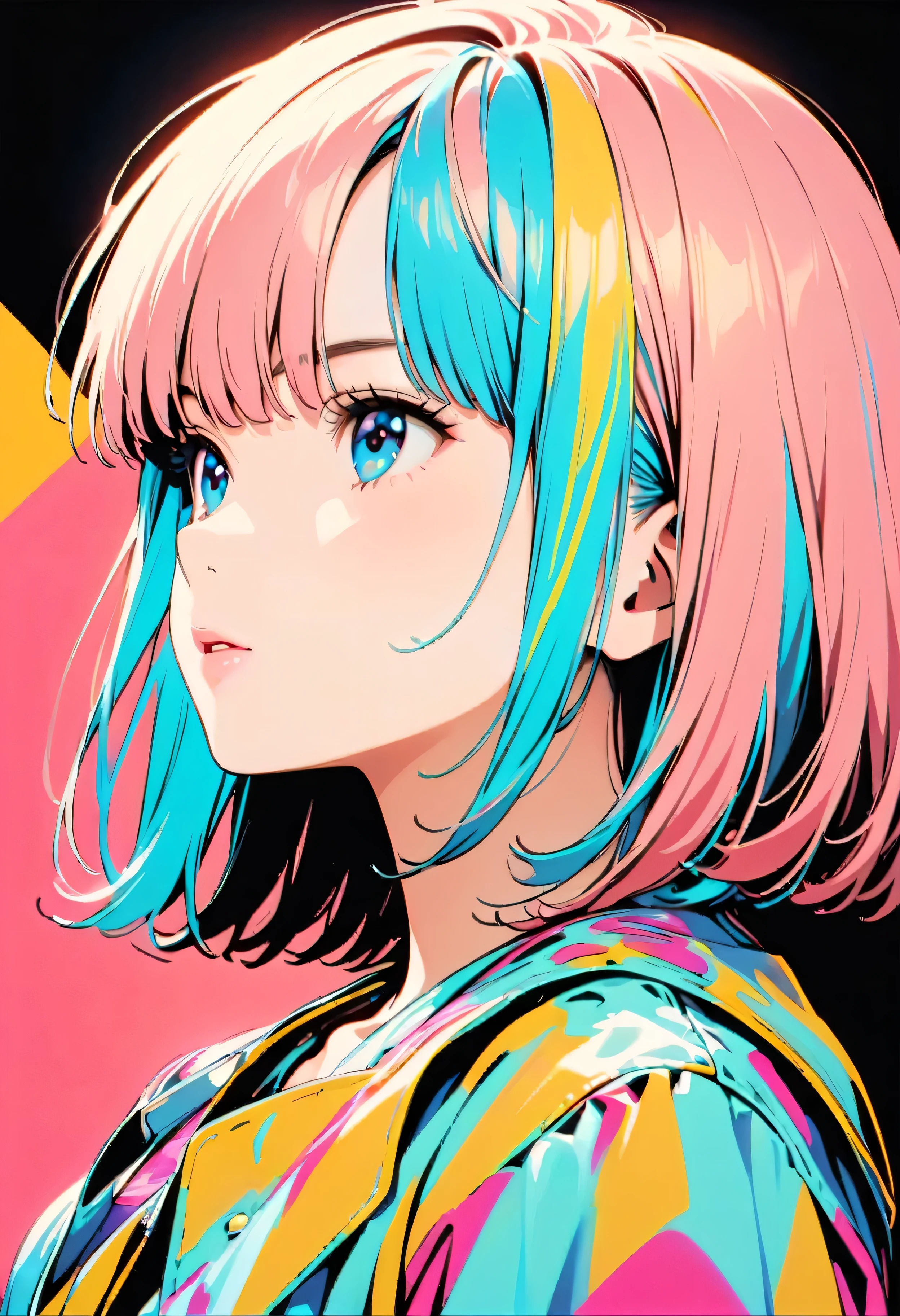 (highest quality:1.2, City Pop Style, Very detailed, Latest, Vibrant, High Contrast, masterpiece:1.2, highest quality, Best aesthetics), girl, ((Face Up Shot:1.4)), Colorful Hair, Bobcut, pastel colour, 1980s style, ((Retro, Vintage, Solid color background))