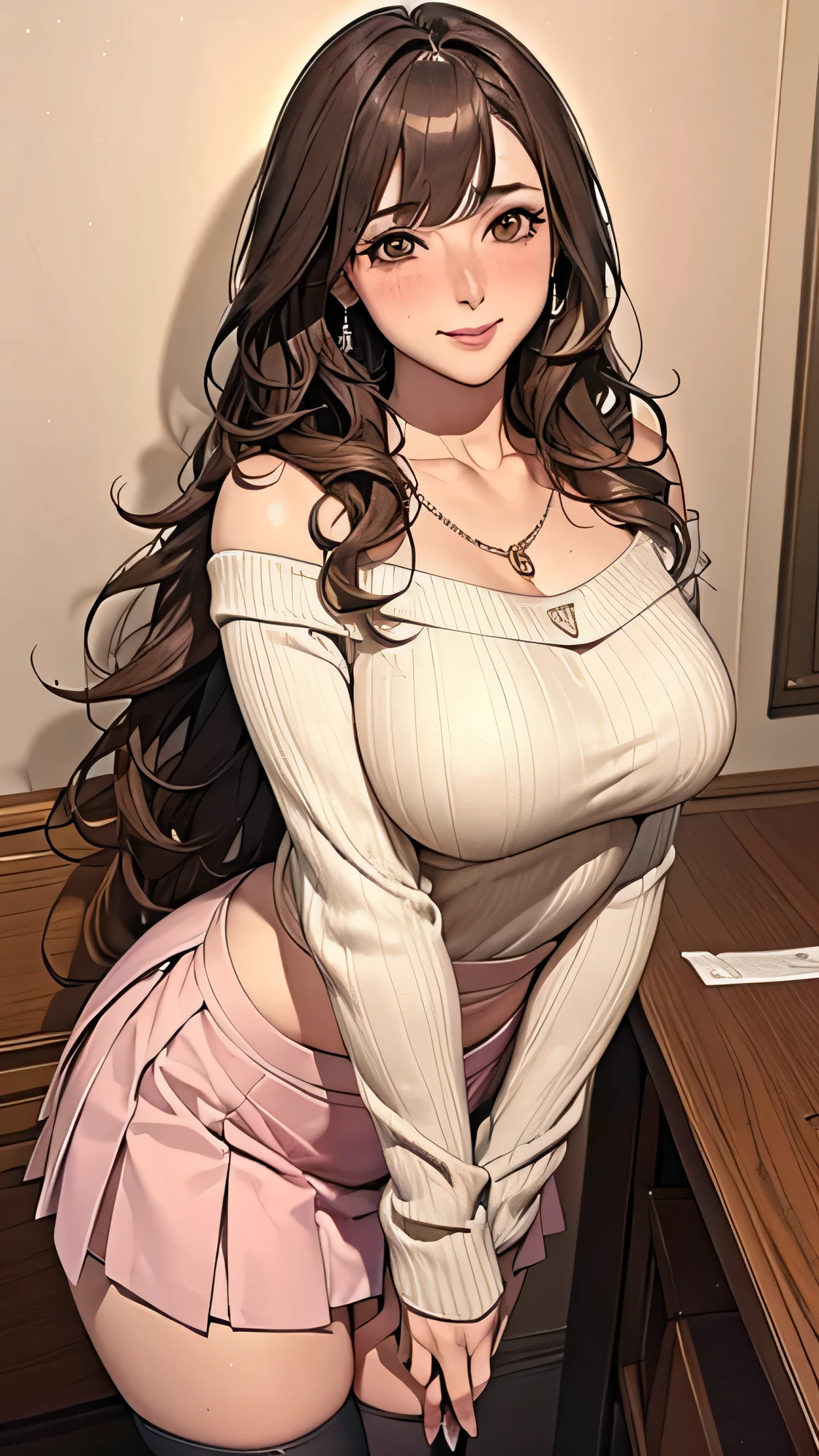 (table top, highest quality, High resolution, , perfect pixel, 4k,), 1 girl, single, alone, Beautiful woman、I could see the whole body、 ((Wavy mid-hair, bangs, brown hair)), ((brown eyes, beautiful eyelashes, realistic eyes)), ((detailed face, blush:1.2)), ((smooth texture:0.75, realistic texture:0.65, realistic:1.1, Anime CG style)), medium breasts, dynamic angle, perfect body, female teacher, earrings、necklace、beige off shoulder sweater、Long pleated skirt、black knee high stockings、pink lace panties、shy smile, Upper grade、Bring your arms together to emphasize your chest、