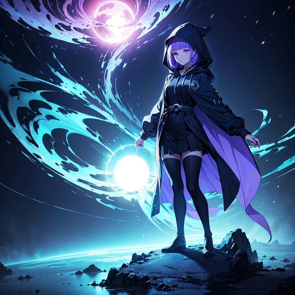 (((masterpiece, best quality, 8k))) full-body shot of a hooded girl with a perfect face, standing on a reflective ground. She is holding a source of blue and purple light energy, with many particles surrounding her. The environment is dark and misty, with the only source of light coming from the energy and particles, all glowing in blue and purple tones. The atmosphere is mysterious and otherworldly, with a misty haze drifting around her feet. Her face is partially obscured by the hood, and her eyes are focused intently on the luminous orb in her hands.