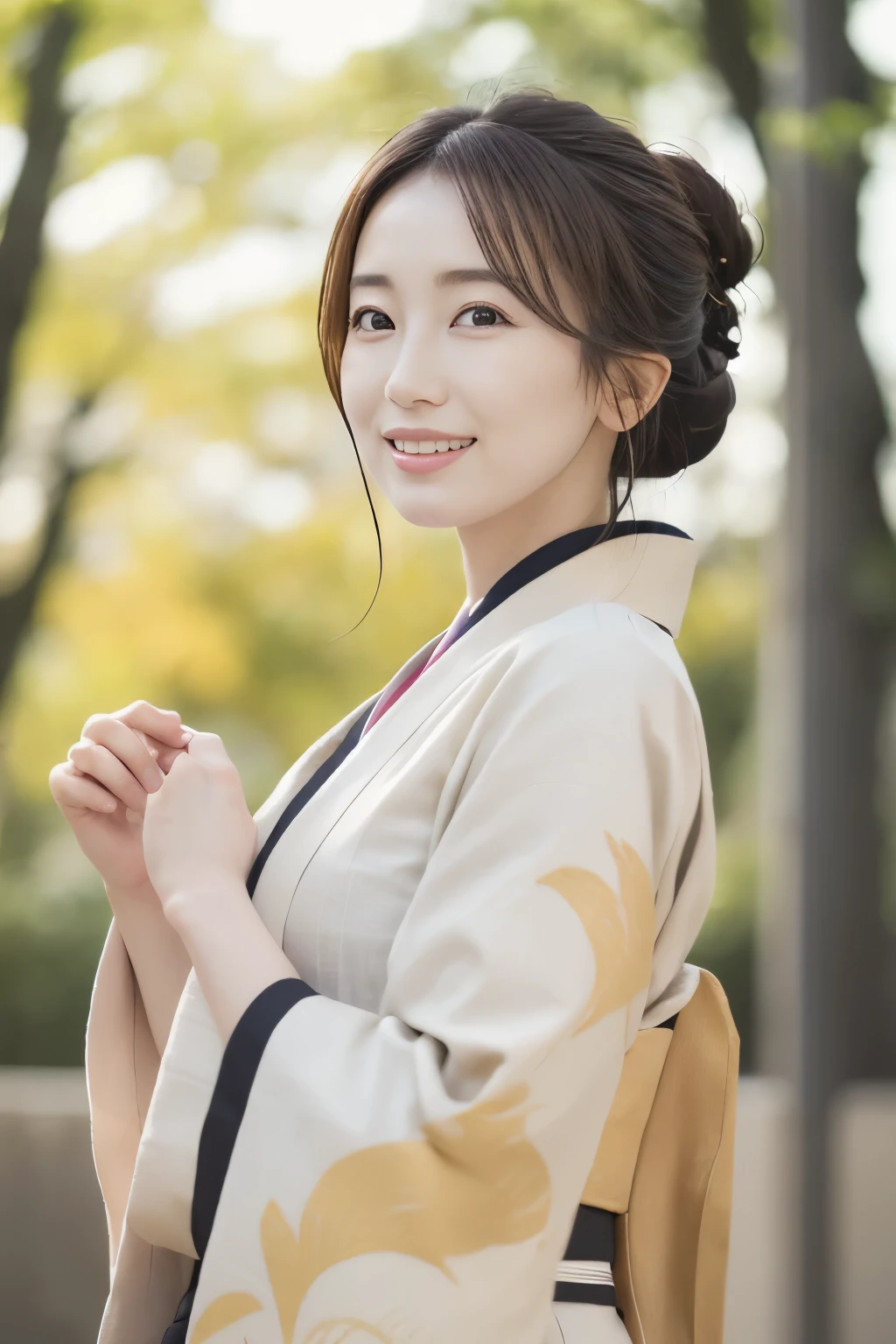 1woman, solo, close up, slender,((kimono and obi)), soft smiling, (best quality,8k,highres,masterpiece:1.3), ultra-detailed, (realistic,photorealistic,photo-realistic:1.37), portrait, cinematic, warm lighting, medium format, golden hour, dramatic shadows, vibrant colors,((hair up)),