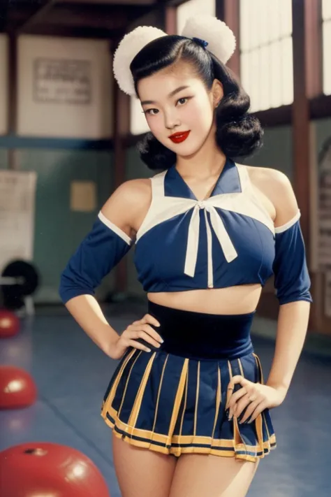 1952, Seoul, (1 korean young girl), 20 years old Girl in school gym, sexy Riverdale High School cheerleader outfit with blue and...