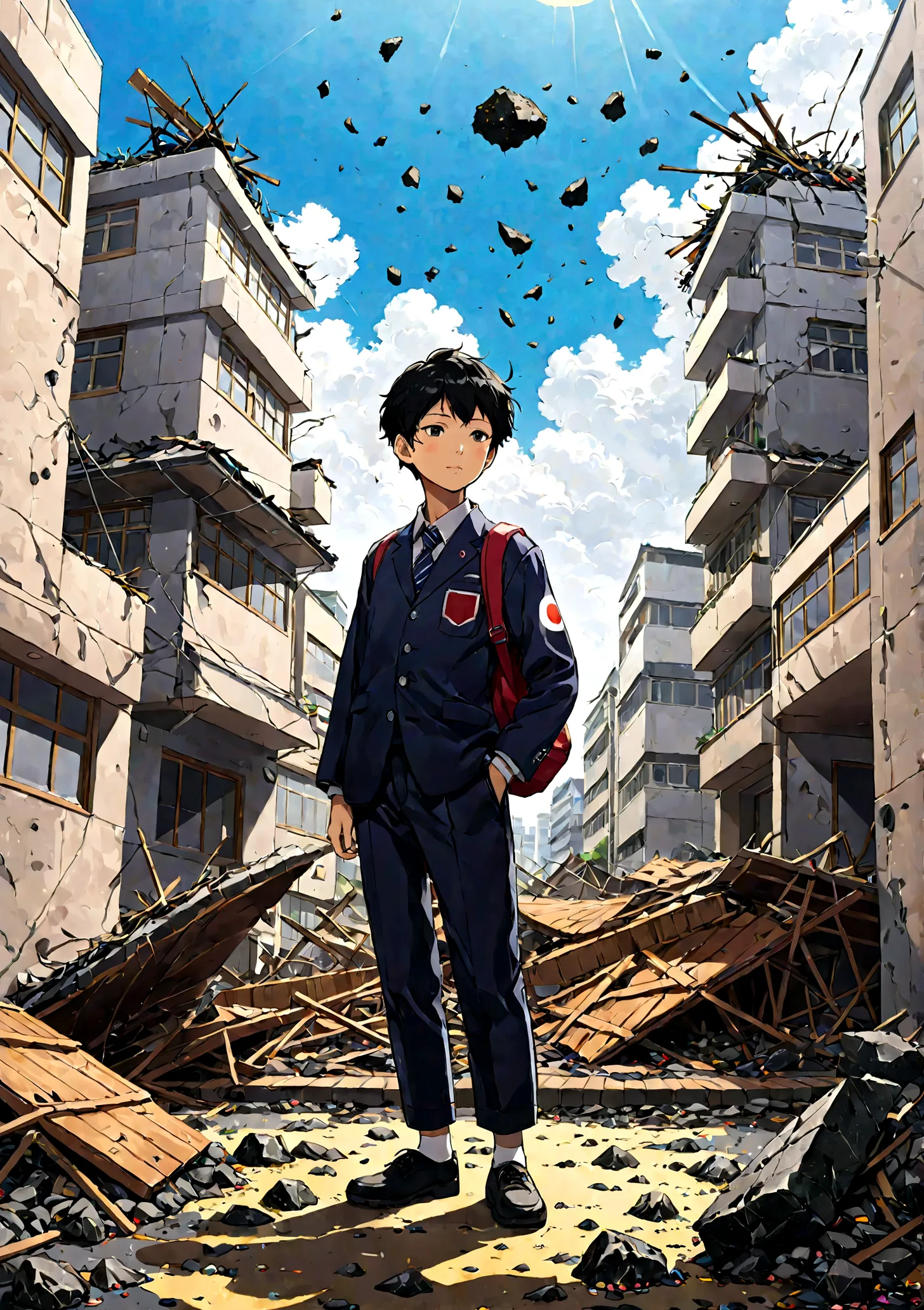 Japanese second-year junior high school boy、Crumbling cities、(Floating debris)