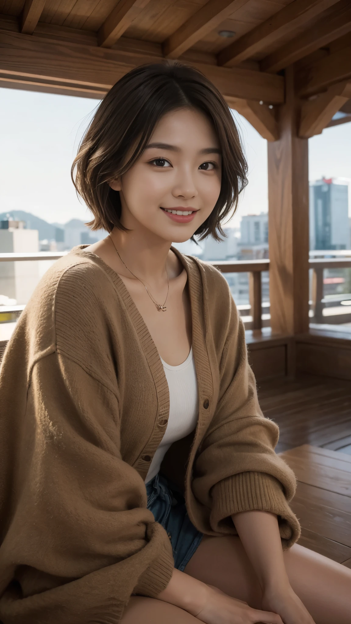 (dramatic angle)（Ultra high definition）（masterpiece）（Textured skin）（Very detailed）（high quality）（最high quality）（First Person View）(16k )In the city of Akita,1 person,Beauty Women,Brown Hair,smile,short hair