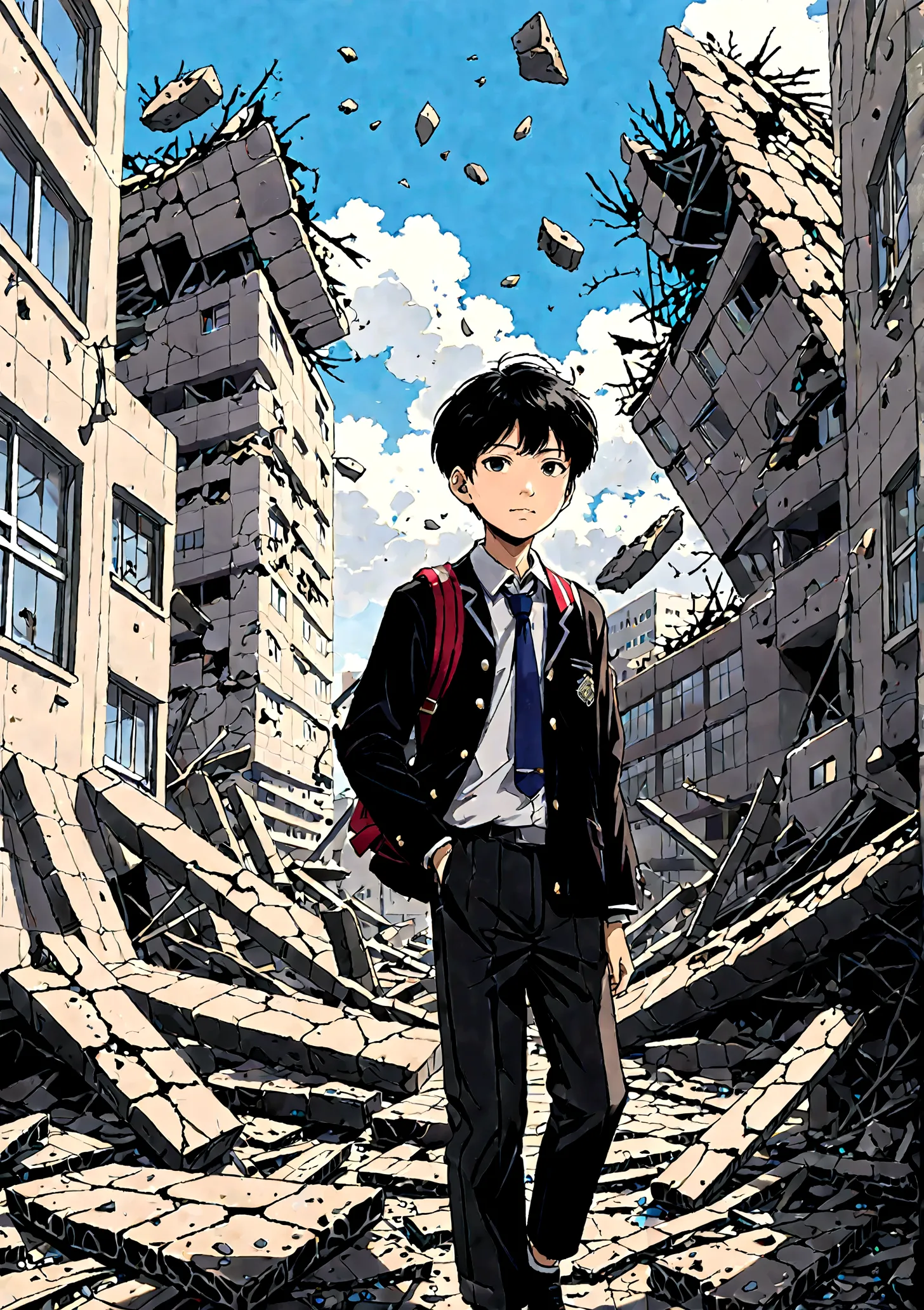 Japanese second-year junior high school boy、Crumbling cities、(Floating debris:1.3)