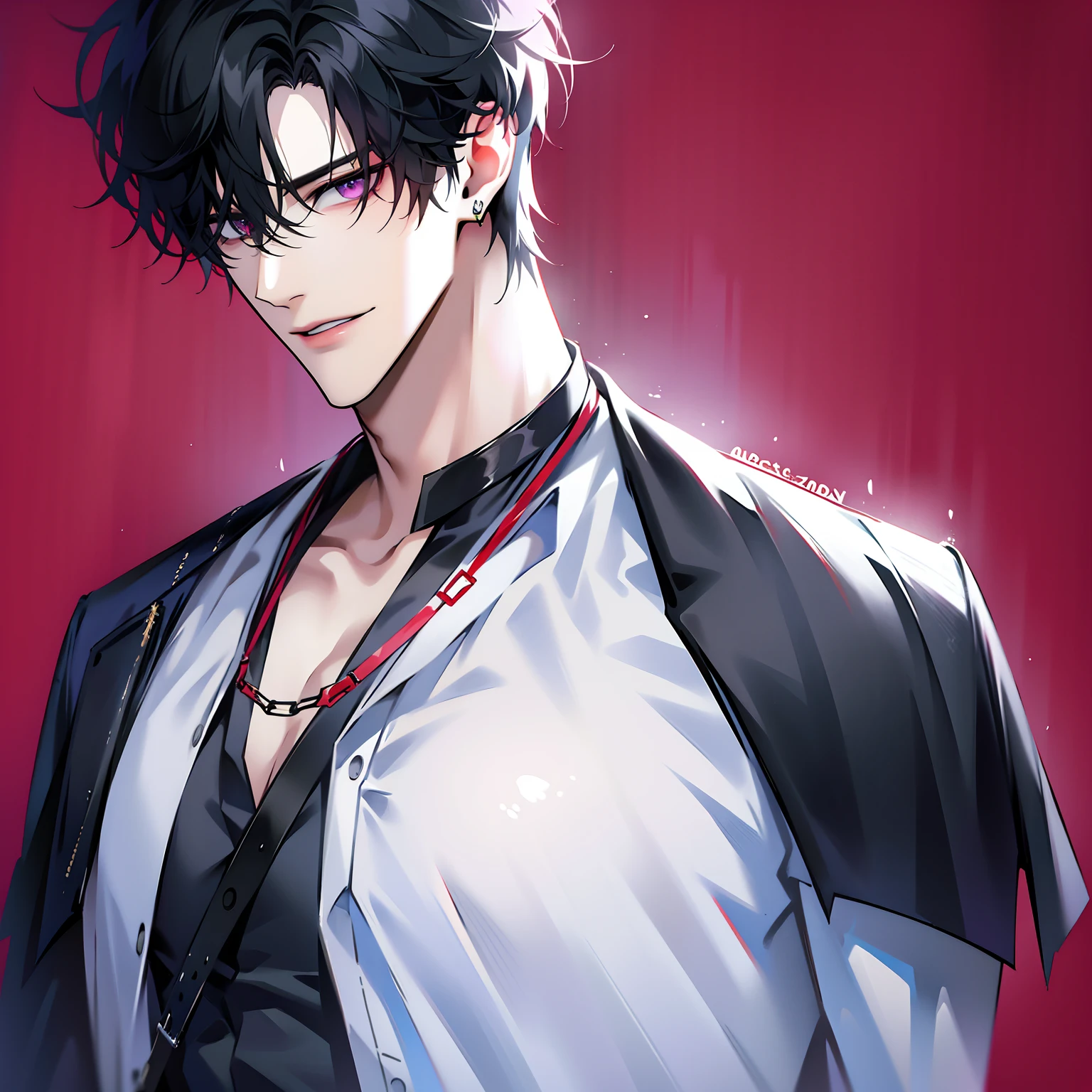 (masterpiece, 4k, high quality:1.3), 1boy, solo, short hair, black hair, asymmetrical fringe, purple eyes, handsome, sharp eyes, (mature male, mature:1.2), male focus, fashionable, tucked in open red collared shirt, red and gray cardigan, necklace, ((transparent background)), close up, smile