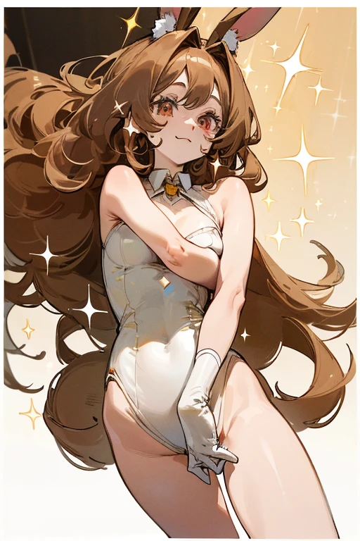 ((, Masterpiece: 1.5, best quality, high resolution: 1.3, super resolution, super detailed, ultra detailed: 1.3, Perfect Anatomy:1.5, 1 woman ) pale skin + long wavy brown hair + red eyes + long eyelashes + figure feminine + wide hips + Bunny ears (long soft hair, visible shoulders, long fluffy brown rabbit ears) ((adorable open eyes, friendly cute expression, sparkle in eyes))