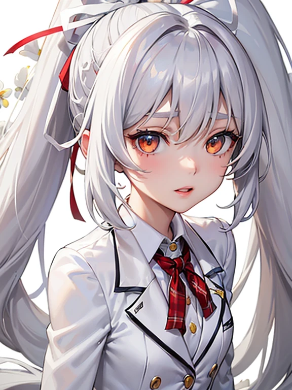 ((Gray Hair:1.2)),(Fluffy long hair:1.3),(Voluminous Hair:1.25),(Big ribbon:1.3),(White eyes:1.4),(Eye size:1.5),(ponytail:1.3),(A background full of pure white flowers:1.5),((Small breasts:1.2)),(Color:all white:1.3),((Face close-up:1.3)),(Focus on the face:1.2),Beautiful fine blue eyes: 1.1, compensate: 1.2, Seductive lips, Shy expression，The body is slim，Fair skin，Fine, translucent, shiny white skin，Transparent body, Breathtakingly beautiful，White shirt，Navy Blue Blazer，Short skirt with red plaid pattern，Medium chest，Unbutton one&#39;s shirt up to one&#39;s chest，Exposing breasts，Pink nipples and small areola，She lifts her skirt to reveal her pink shorts，Black knee-high socks，classroom