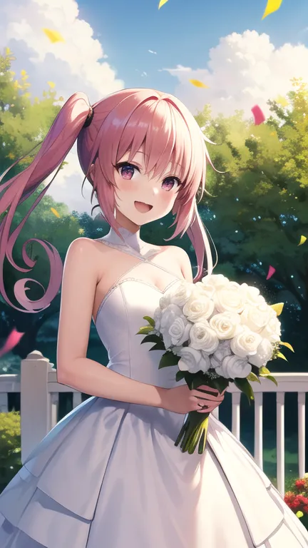 masterpiece, best quality, highres, nana asta deviluke, long hair, twintails, wedding dress, white dress, garden, holding bouque...