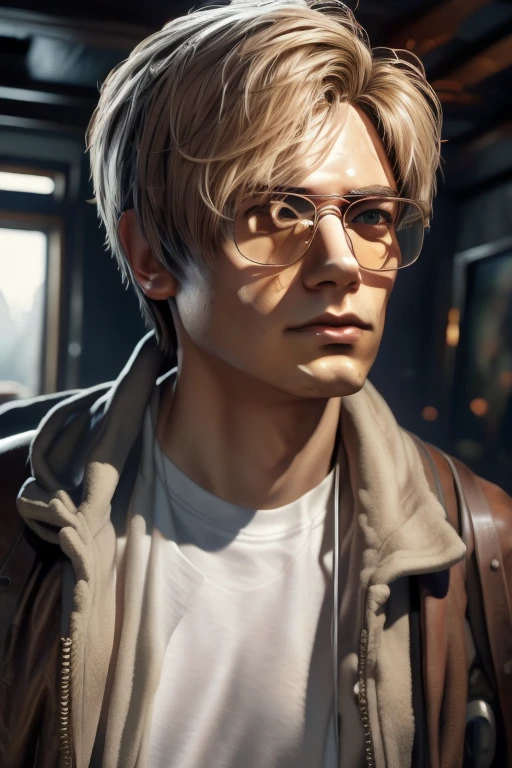 Produce an image that blends the physical features of my best friend Bernardo, who has blonde hair, brown eyes with small freckles on his face, and wears glasses, with the appearance of the characters Leon and Wesker from Resident Evil. Dress him in Leon's characteristic outfit, but maintain the facial features and straight hair similar to Leon's. Ensure to capture the essence of both characters and of Bernardo.