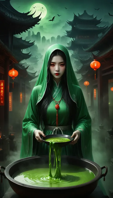 a haunting chinese ghost story, eerie chinese architecture, qixi festival, green ghostly soup, menpo bridge, menpo serving soup,...