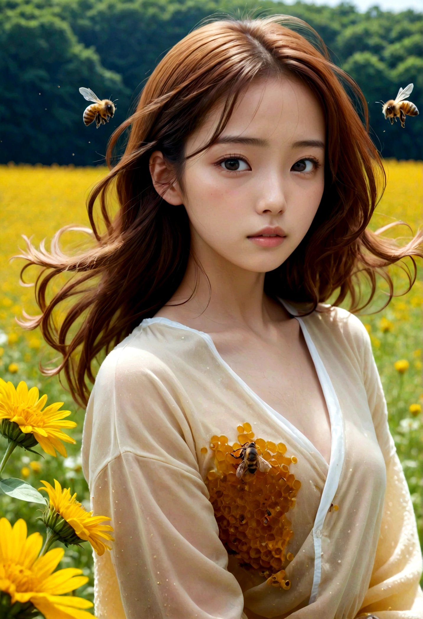 fille recouverte de miel、tout le corps、Les abeilles volent、Champ de fleurs、Belle nature