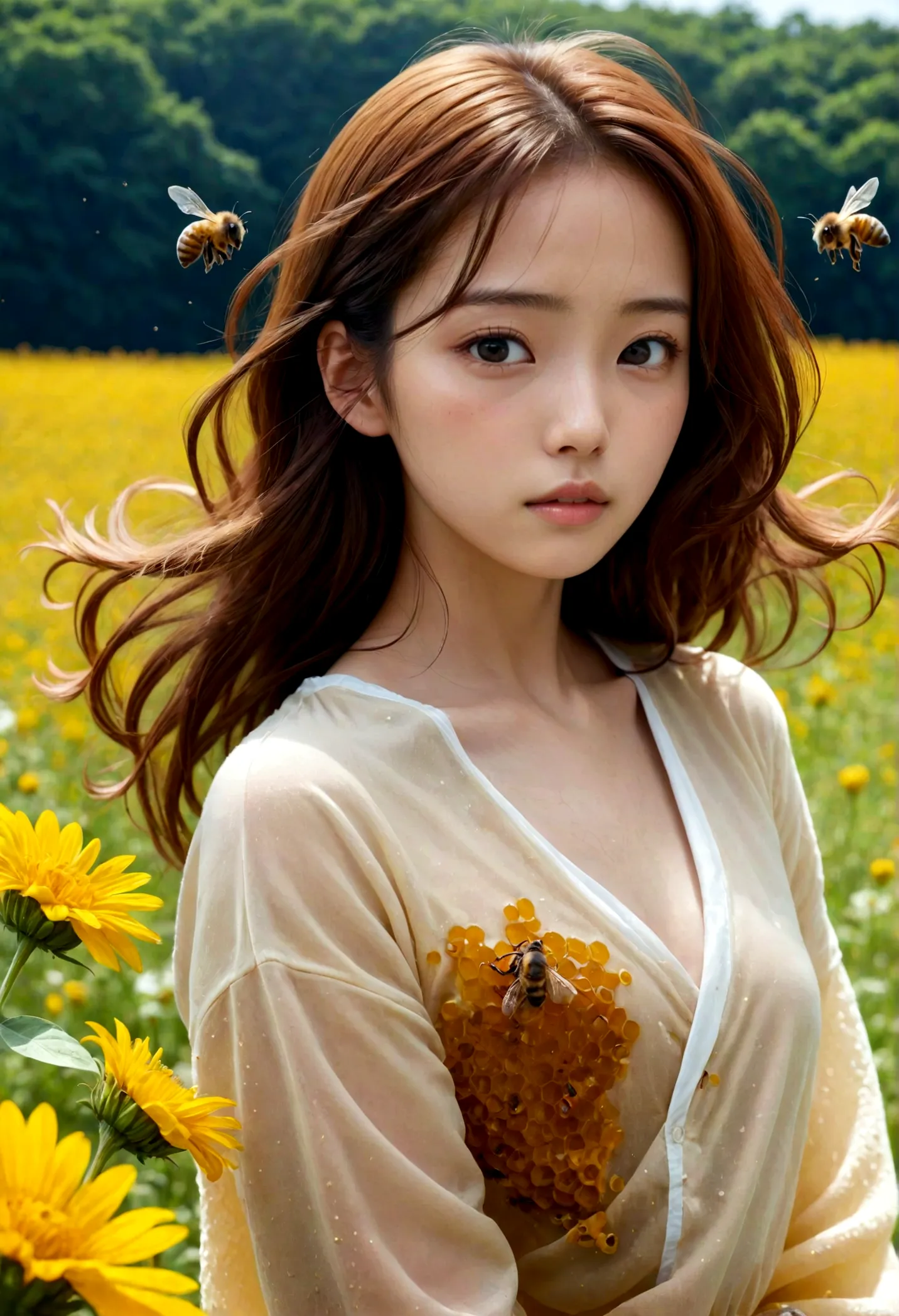 Girl covered in honey、whole body、Bees are flying、Flower Field、Beautiful Nature