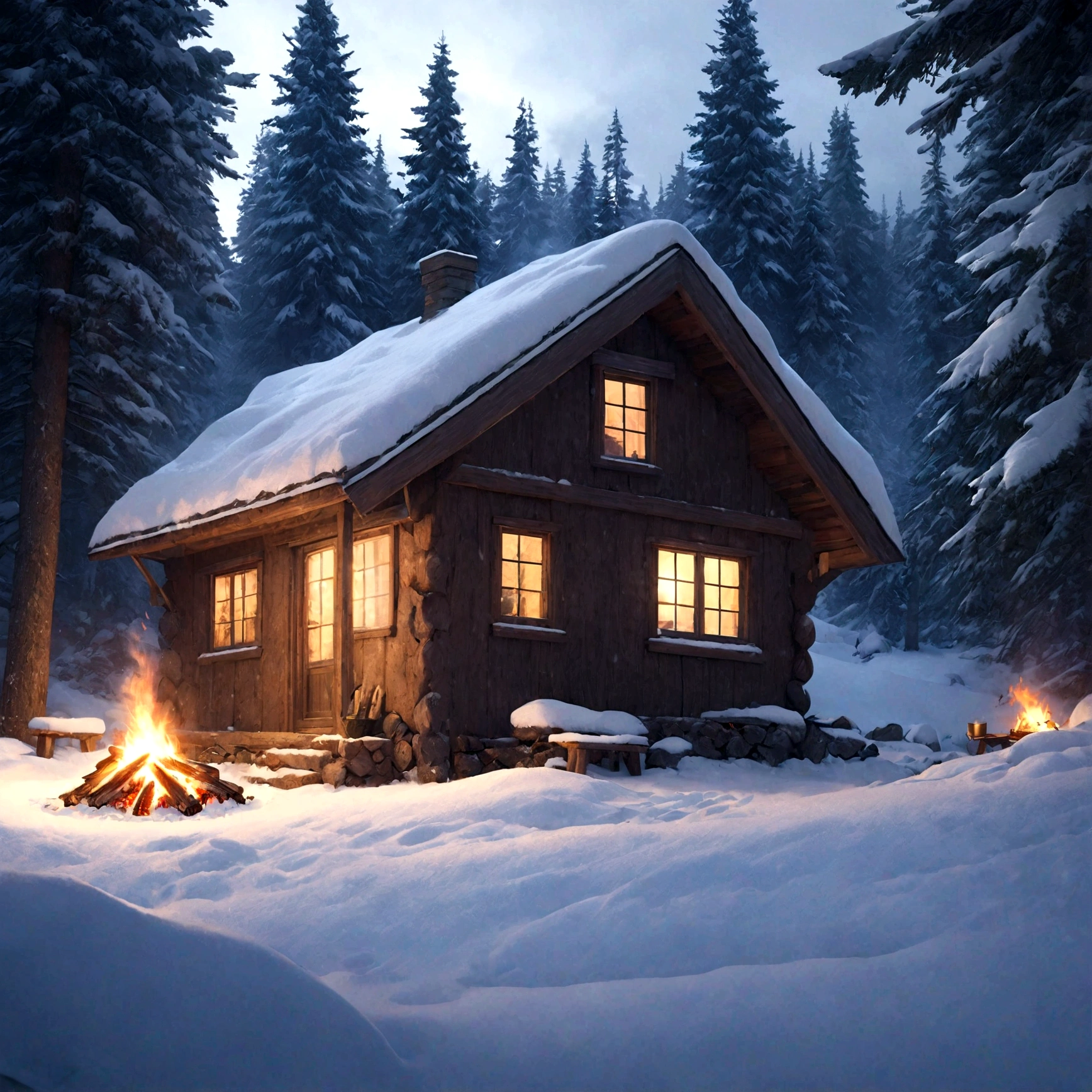 A cute little cabin deep in the woods, snow-covered, small fire out front, detailed winter landscape, cozy atmosphere, warm lighting, photorealistic, 8k, highly detailed, cinematic composition, beautiful colors, dramatic lighting