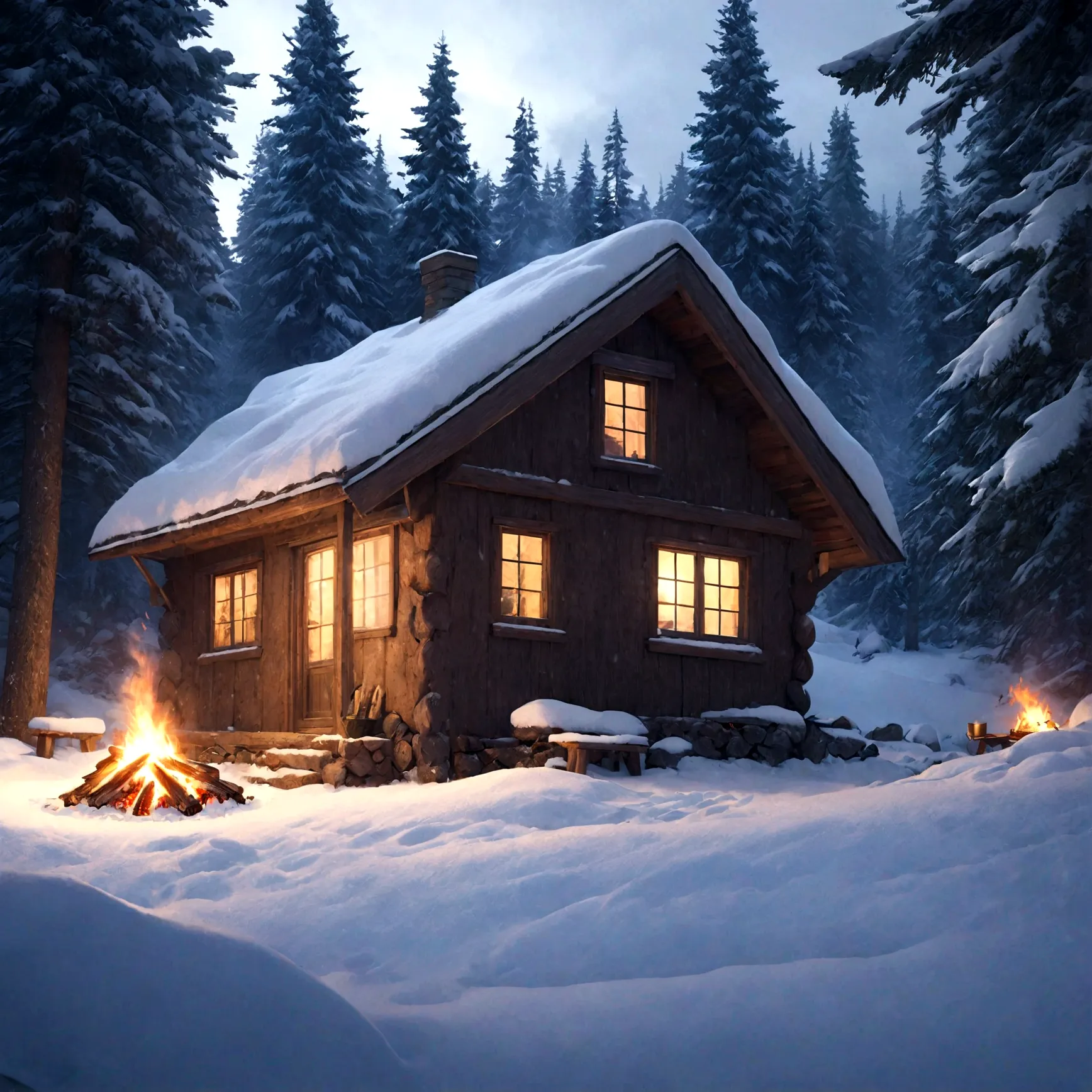 a cute little cabin deep in the woods, snow-covered, small fire out front, detailed winter landscape, cozy atmosphere, warm ligh...