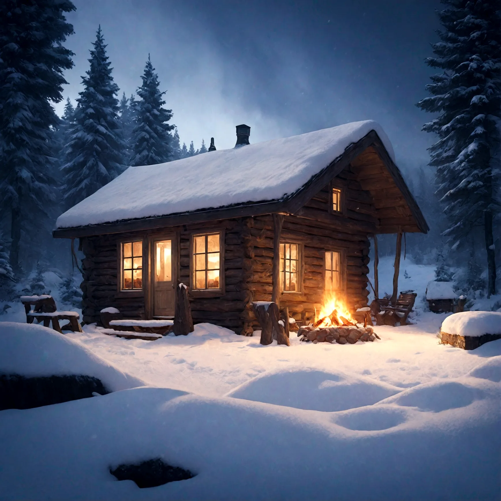 a cute little cabin deep in the woods, snow-covered, small fire out front, detailed winter landscape, cozy atmosphere, warm ligh...