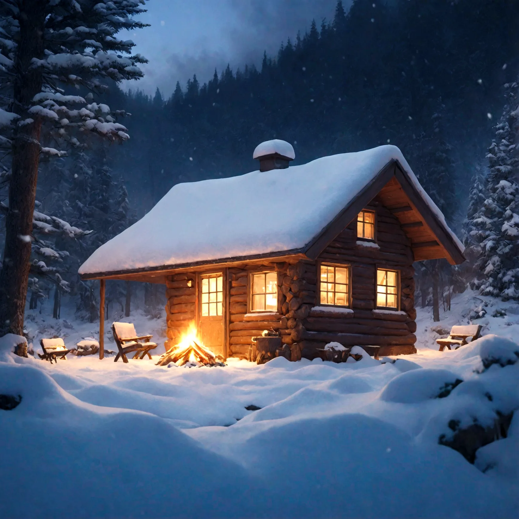 a cute miniature cabin deep in the woods, snow-covered, small fire out front, detailed winter landscape, cozy atmosphere, warm l...