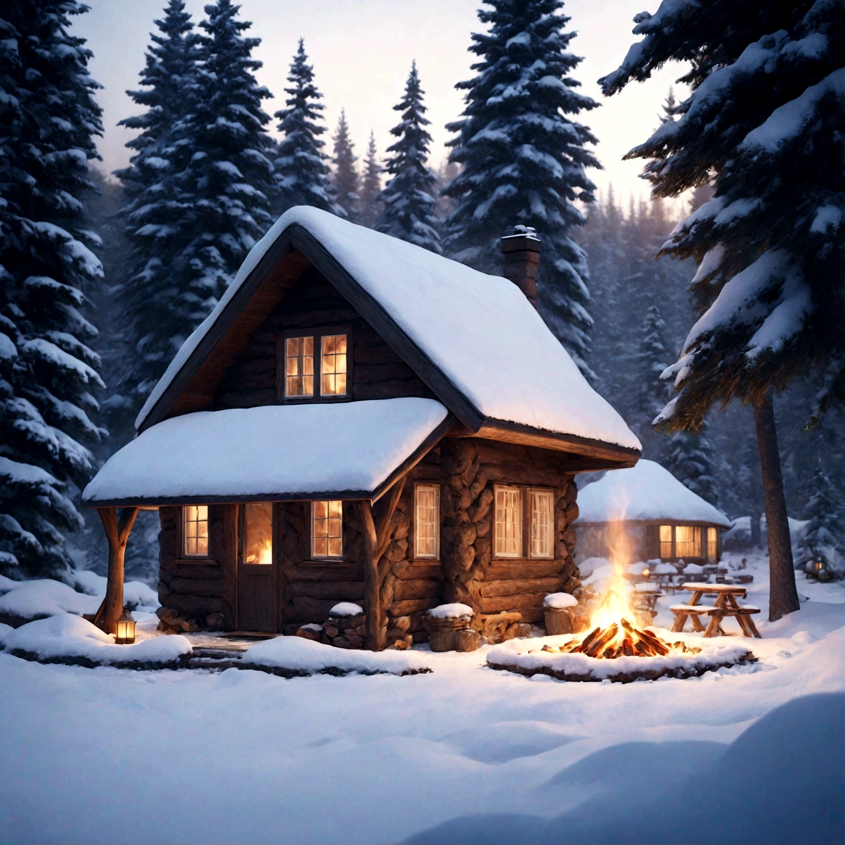 A cute miniature cabin deep in the woods, snow-covered, small fire out front, detailed winter landscape, cozy atmosphere, warm lighting, photorealistic, 8k, highly detailed, cinematic composition, beautiful colors, dramatic lighting