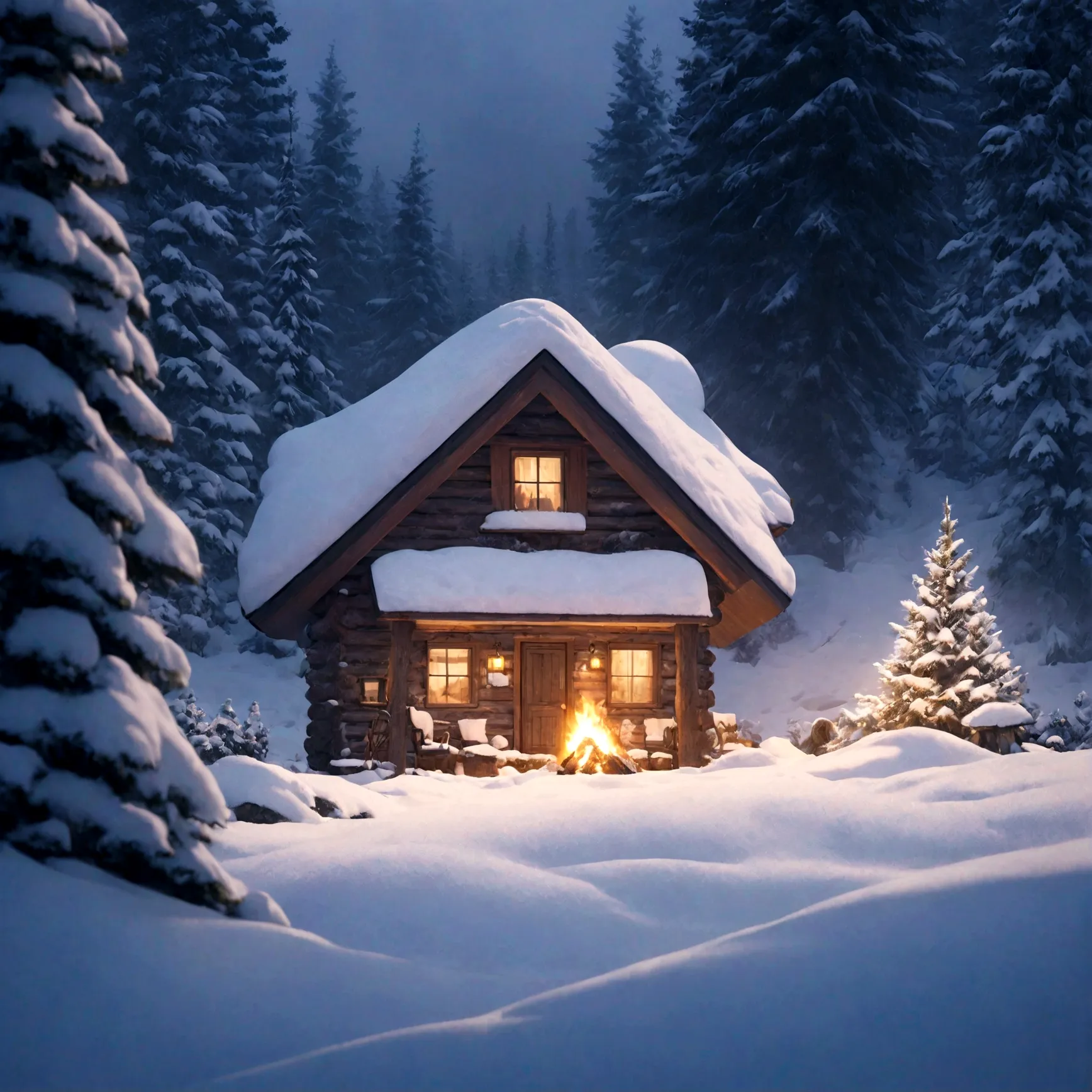 a cute miniature cabin deep in the woods, snow-covered, small fire out front, detailed winter landscape, cozy atmosphere, warm l...