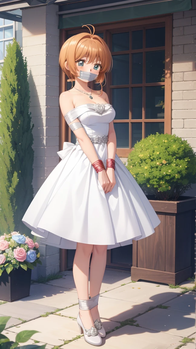 masterpiece, best quality, highres, 1girl, detailed face, blush, anime CG style, (medium breasts), (18 year old girl), good lighting, perfect body, sakura kinomoto, (tape gag), (tape bound), (arms bound), eyes wide, pupils dilated, garden, strapless wedding dress, necklace, jewelry, full body