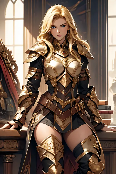 tmasterpiece，High-definition CG diagram，Beautiful female warrior，Detailed eyes and face，Tall figure，The blonde，Full armor attire...