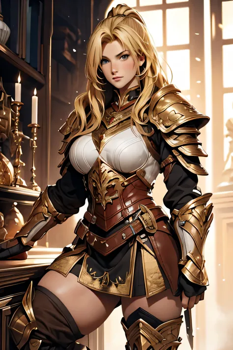 tmasterpiece，High-definition CG diagram，Beautiful female warrior，Detailed eyes and face，Tall figure，The blonde，Full armor attire...