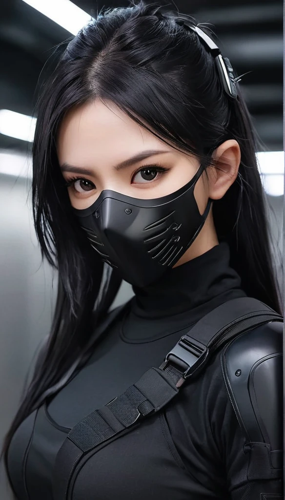 Eine Frau in schwarzer Kleidung mit Maske und einer Waffe, all black cyberpunk clothes, Tragen von Techwear und Rüstung, Foto einer Techwear-Frau, dystopisches Sci-Fi-Outfit, cyberpunk outfit, Assassine, futuristische Techwear, Cyberpunk-Modekleidung, jet black haired cyberpunk girl, cyberpunk clothes, cyberpunk outfits, Techwear-Mode, im düsteren Space-Söldner-Outfit