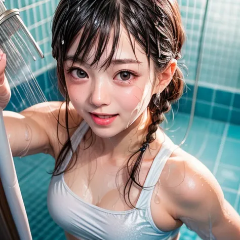 SFW, (Girl's friendly snapshot in poolside open shower room), Braid hair, With bangs、(School Swimwear), the body is covered with...