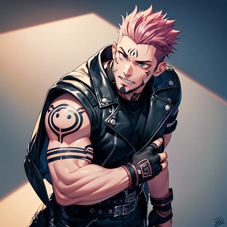 (masterpiece, best quality:1.2), cowboy shot, 1boy, sukuna, leather fingerless gloves, tattoo_on_his_face, manly, full body, biker, pink hair, intricate details, utra detailed, black leather, muscular mature male, eye focus, biker jacket, anatomically correct,