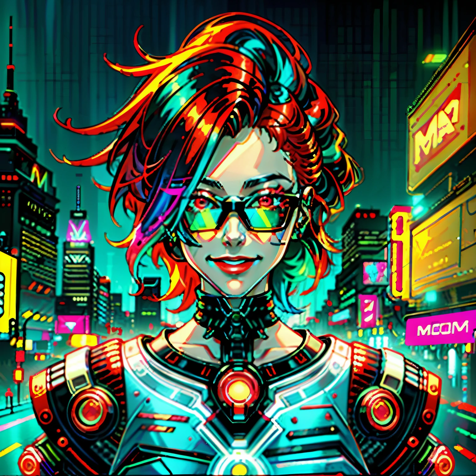 赤毛の女性のデジタル絵画, サイバーパンクアート, シンセウェーブ, 未来主義, ネオン, glowing ネオン, 笑顔, サイバーパンク風の色眼鏡をかけている, 顔に近い