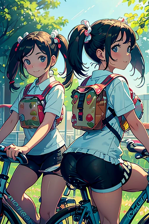 (masterpiece), high quality, 2 girls, Cute Girls, (ride a bicycle:1.5), Back view, (Colorful costumes:1.0), (Sunlight Filter:1.0), (Twin tails:1.5), (Delicate features:1.0), (Fresh:1.0), (Lunch pack in hand:1.5), (Enjoy the drive with a smile:1.0), (Spreading happiness and joy:1.1), (Detail of the bike&#39;s reflection on the helmet:1.0), (Brighter colors make it stand out:1.1), (Beautiful scenes from Girls&#39; Generation:1.1)
