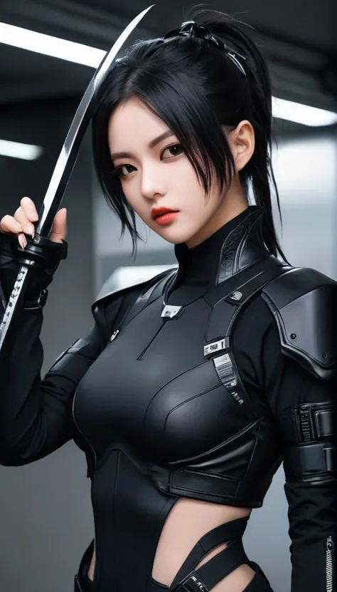 woman dressed in black with mask and japanese sword katana all black cyberpunk clothes, wearing tech outfit and armor, photo of ...