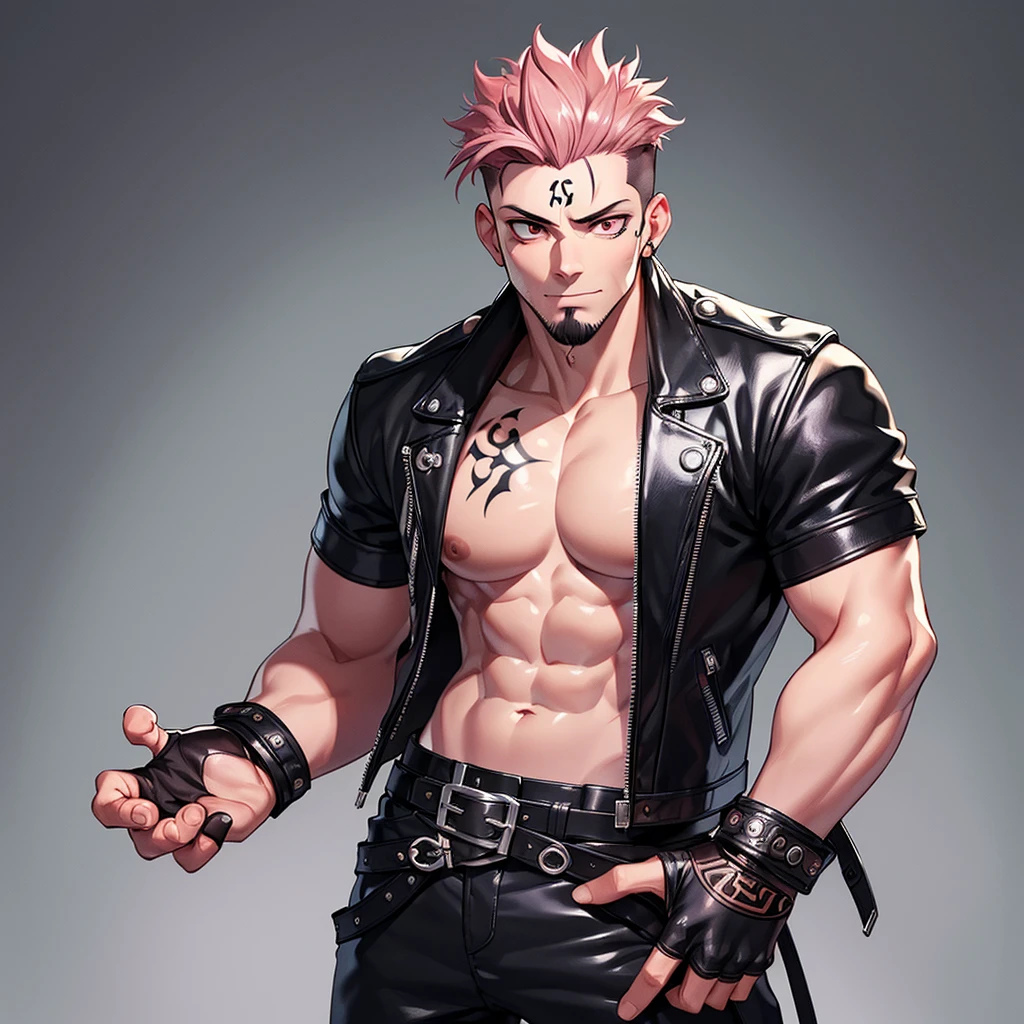 (masterpiece, best quality:1.2), cowboy shot, 1boy, sukuna, leather fingerless gloves, tattoo_on_his_face, manly, full body, biker, pink hair, intricate details, utra detailed, black leather, muscular mature male, eye focus, biker jacket, anatomically correct,