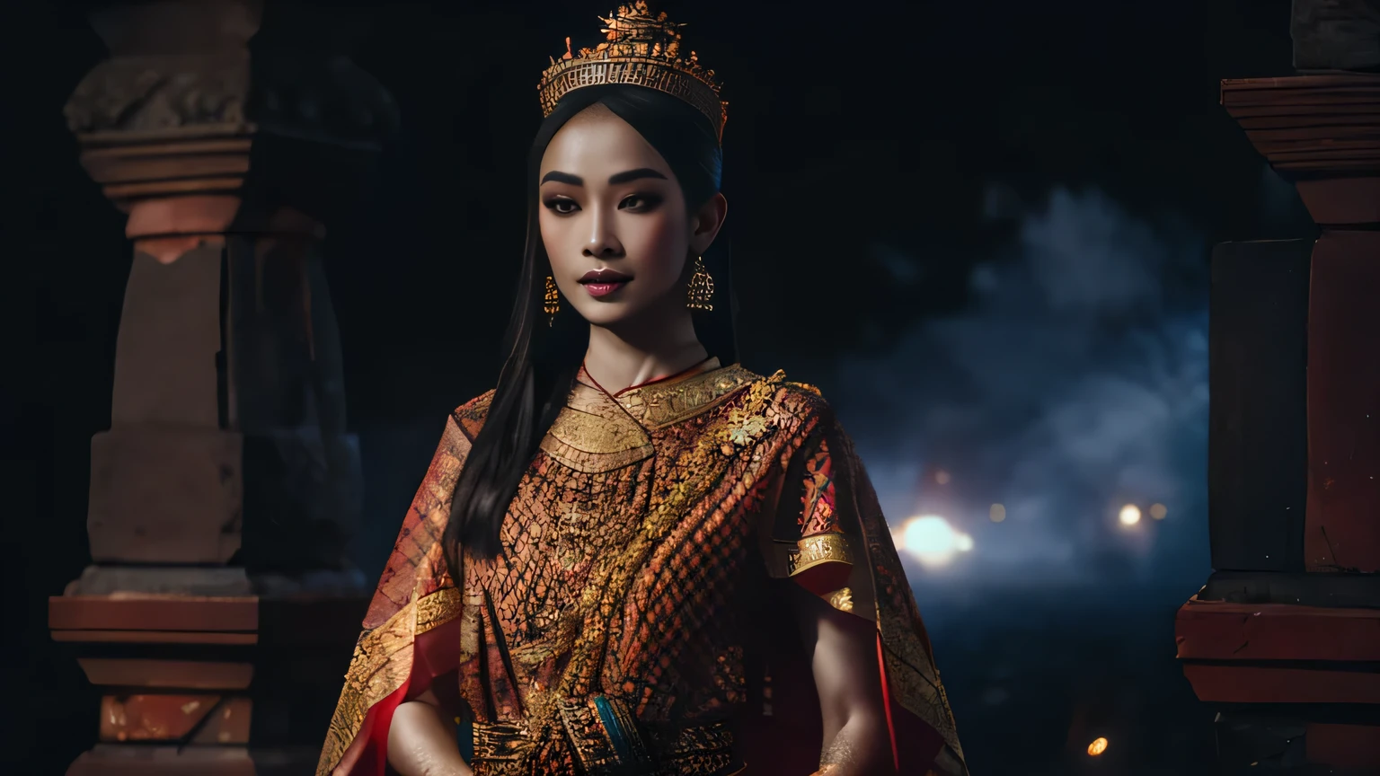 (best quality, photo-realistic), rich Thai woman, red ancient Sukhothai costume, loincloth, ornaments, culture, colorful, exquisite details, fine hand embroidery, intricate headdress, traditional makeup, majestic pose, foggy night, ancient abandoned house background, nighttime, quiet, tense, eerie, dark, historical blend, lotus flowers decorate the surroundings, aesthetic balance, ethereal beauty