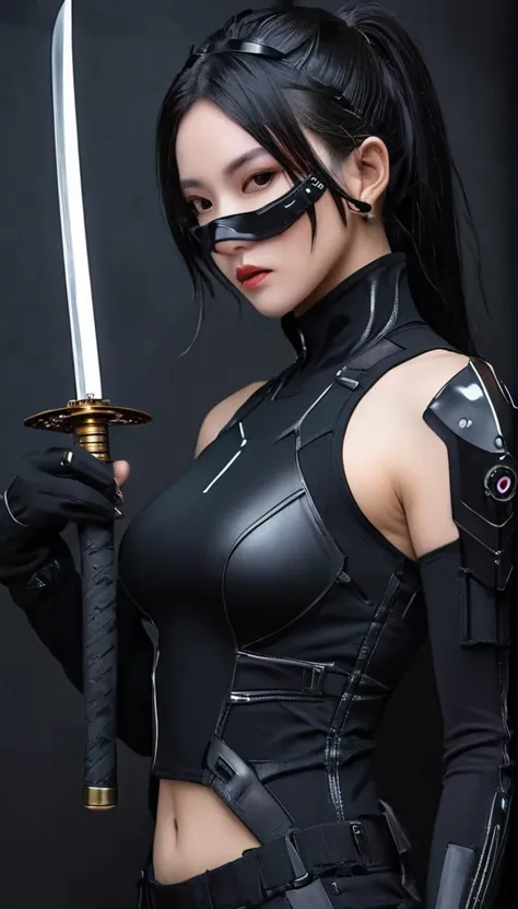 Woman dressed in black with mask and japanese sword katana all black cyberpunk clothes, wearing tech outfit and armor, photo of ...