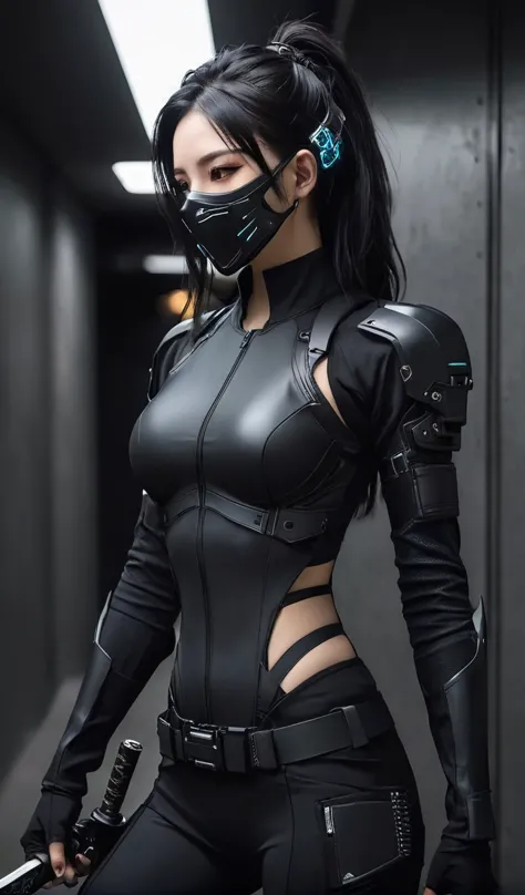 Woman dressed in black with mask and japanese sword katana all black cyberpunk clothes, wearing tech outfit and armor, photo of ...